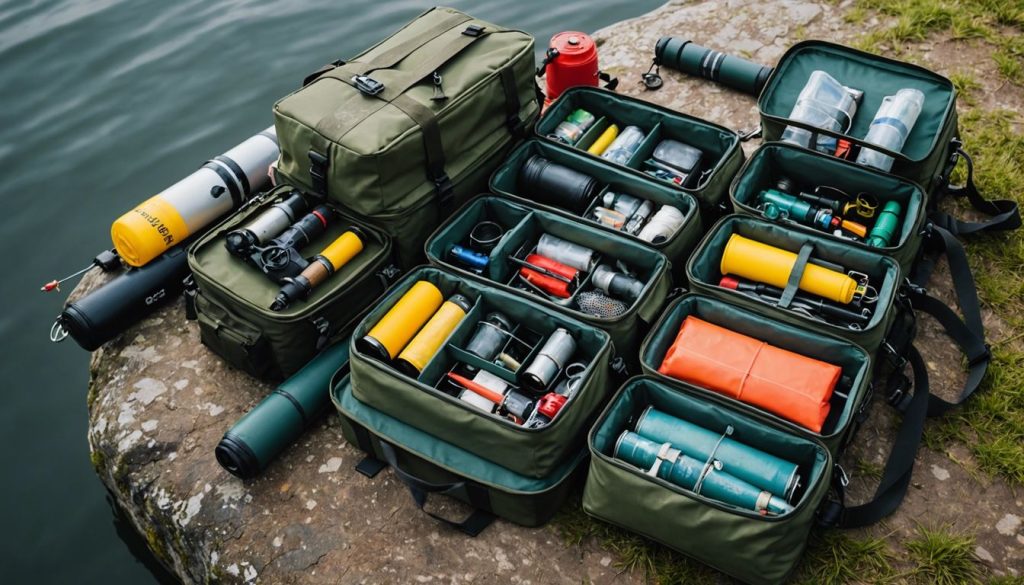 Various multifunctional fishing bags with fishing gear, showcasing different models and their features.