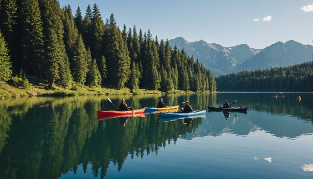 Anglers preparing their fishing gear on different kayaks on a calm lake under a clear blue sky.