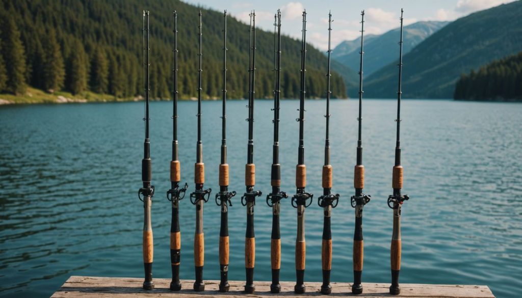 Various fishing rods on a wooden rack by a serene lake, perfect for beginner anglers.