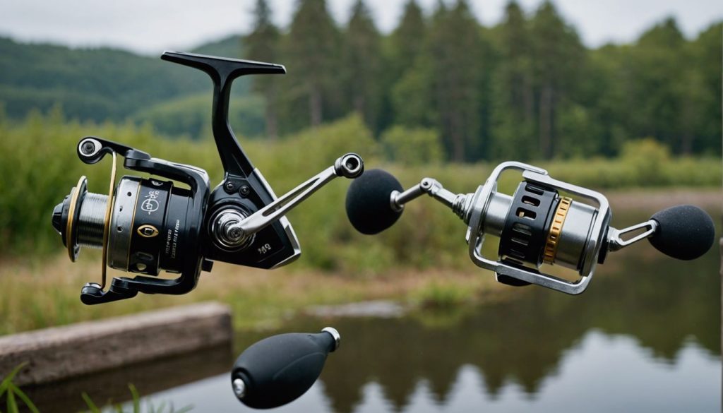 Comparison of a spinning reel and a baitcasting reel with a question mark in the middle.