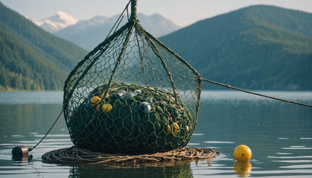 A fishing net with weights partially submerged in a calm lake, ideal for catching fish.