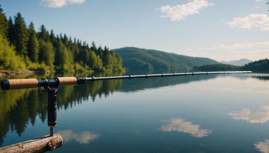 Telescopic fishing rod extended by a lakeside, perfect for travel and outdoor fishing adventures.