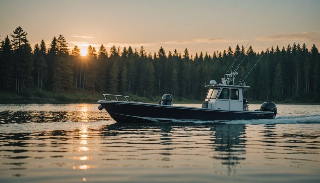Fishing boat with sonar and GPS systems on a calm lake during sunrise.