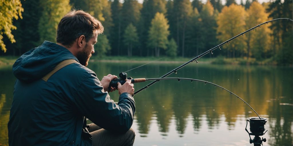 Fisherman practicing Method Feeder fishing at a calm lake