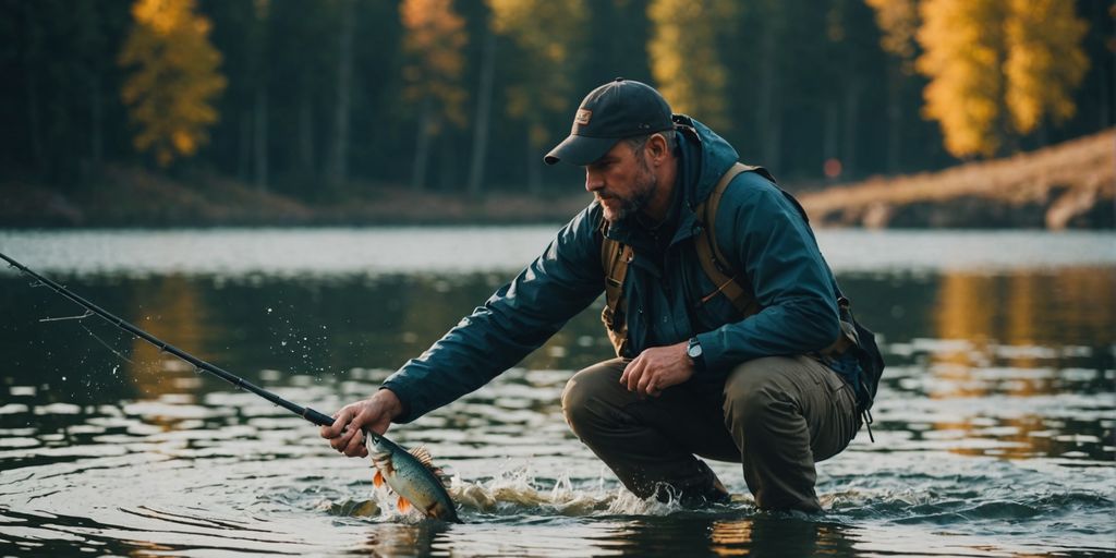 Fishing with drop-shot technique in a serene lake